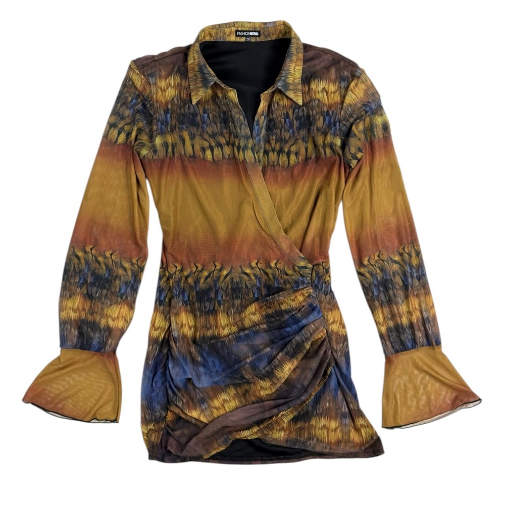 Fashion Nova Mesh Mini Dress M Brown Orange Ruched Bell Sleeve Boho Retro Grunge